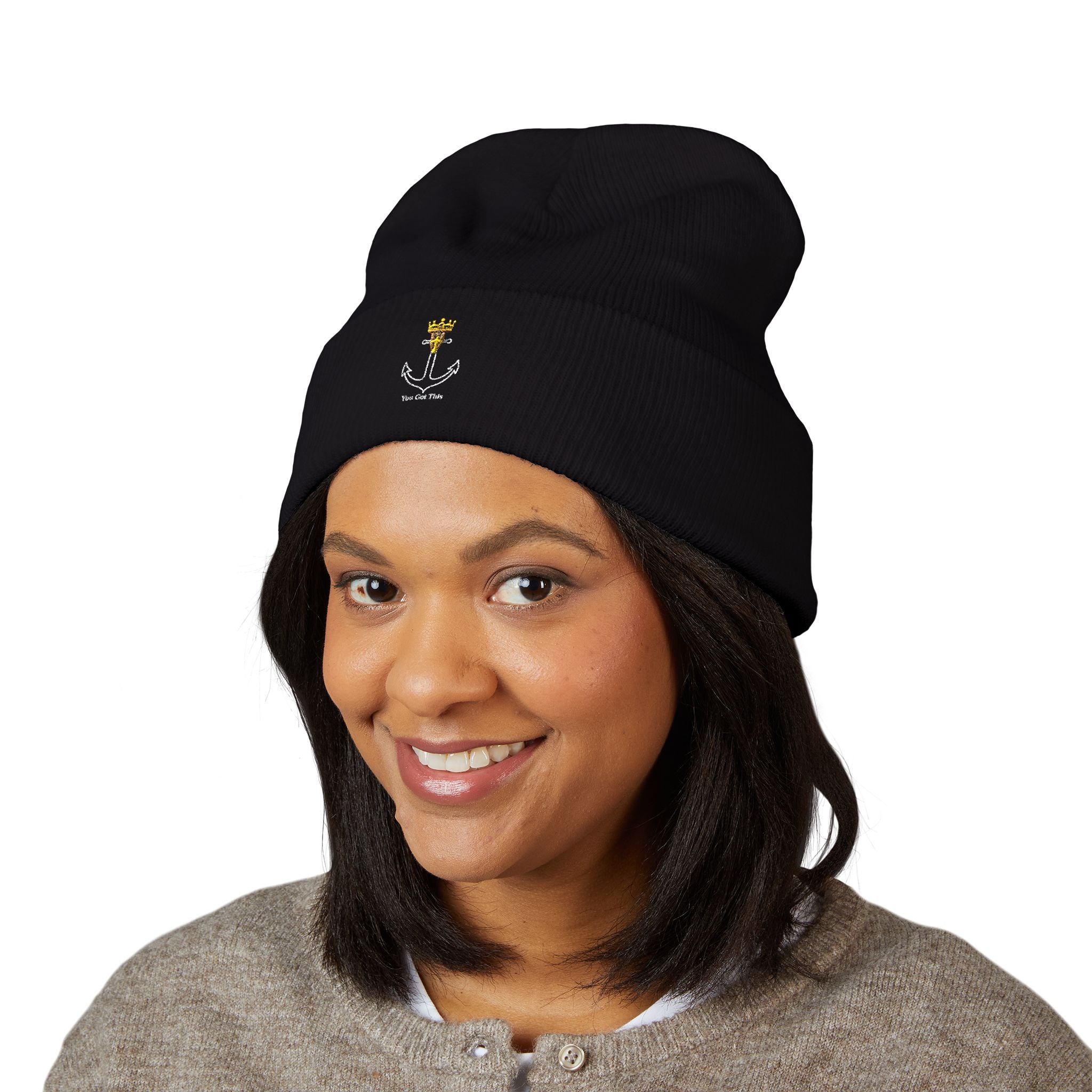 Embroidered Crown & Anchor Cuffed Beanie — Classic Black Knit