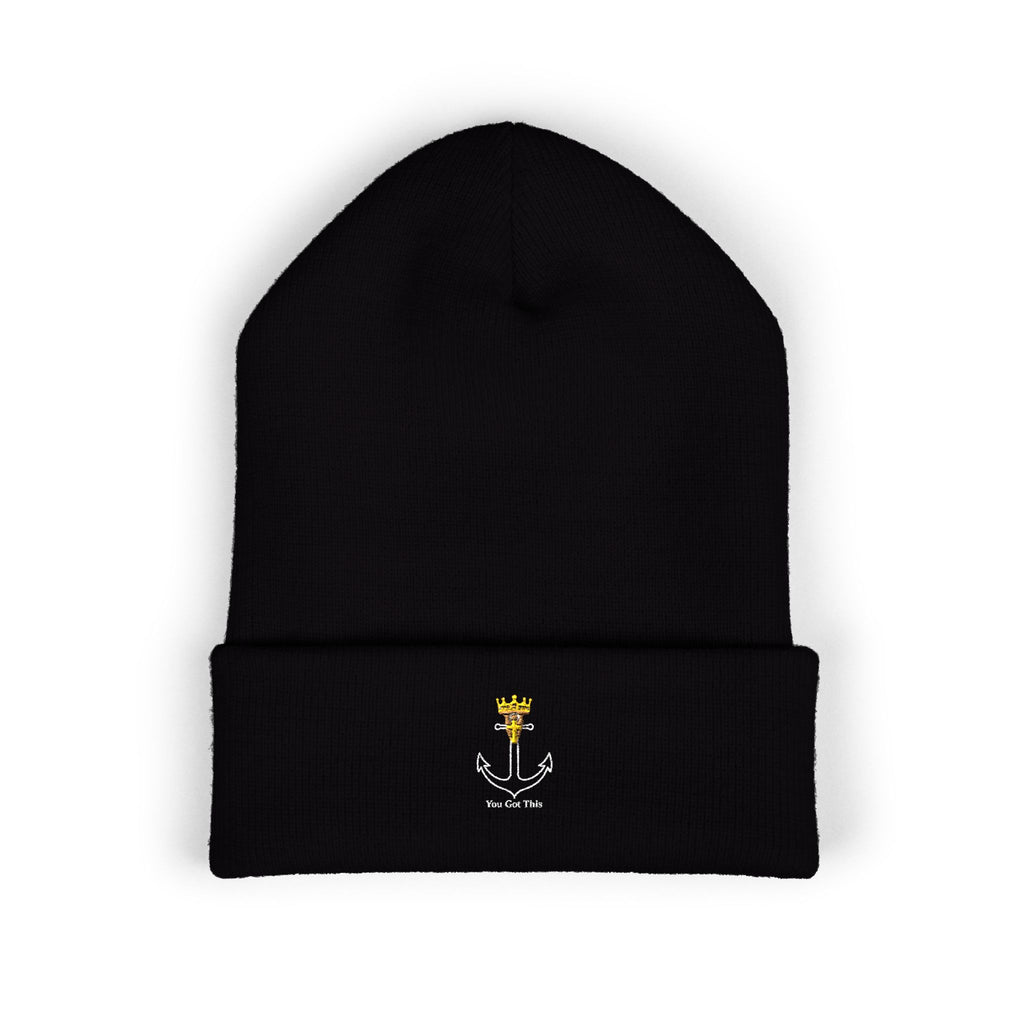 Embroidered Crown & Anchor Cuffed Beanie — Classic Black Knit