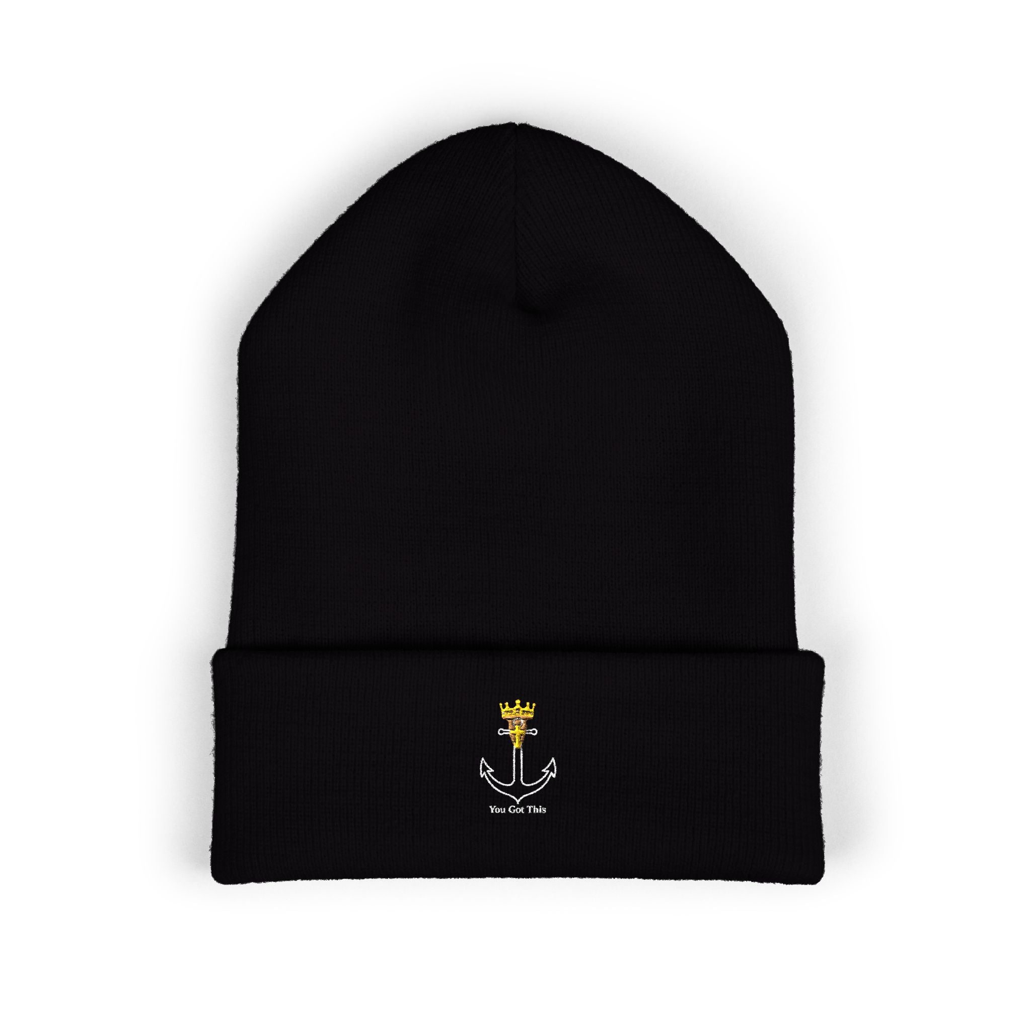 Embroidered Crown & Anchor Cuffed Beanie — Classic Black Knit