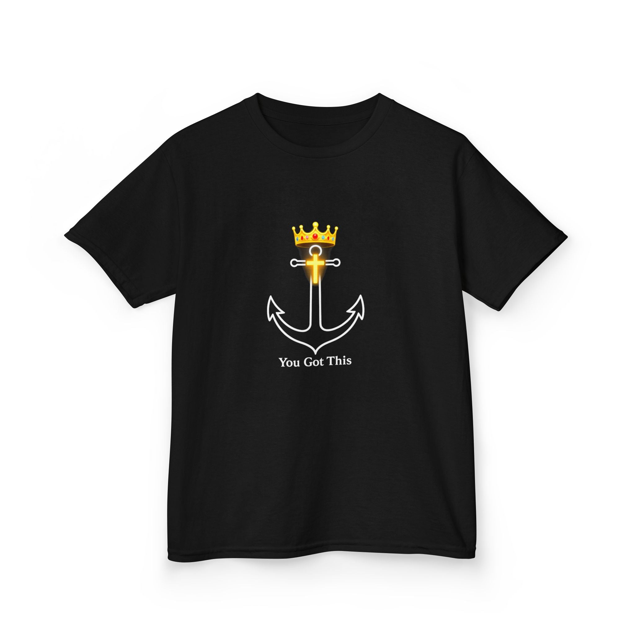 Children’s Tee — Gold Crown with Cross Chest Graphic, Christian Faith Youth Shirt