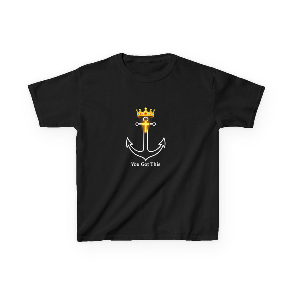 Children’s Tee — Gold Crown with Cross Chest Graphic, Christian Faith Youth Shirt