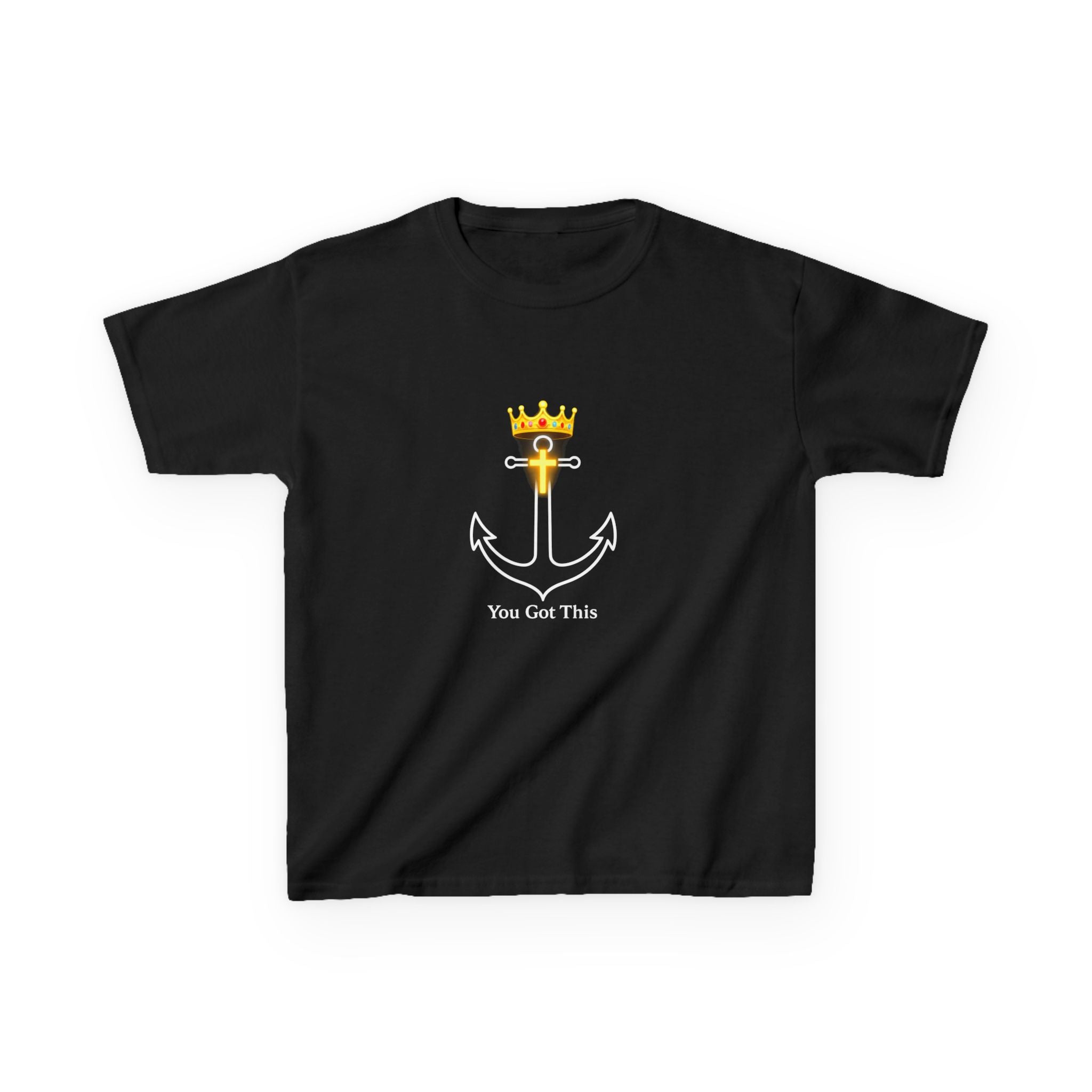 Children’s Tee — Gold Crown with Cross Chest Graphic, Christian Faith Youth Shirt